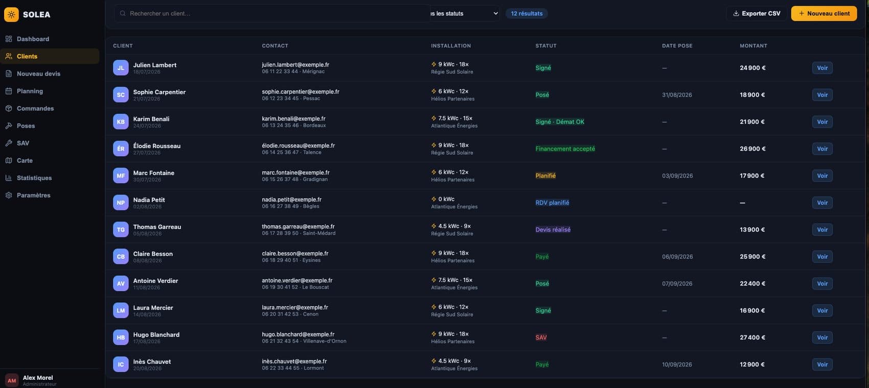 Solea — Liste clients : puissance installée, apporteur, statut, date de pose et montant sur une seule ligne