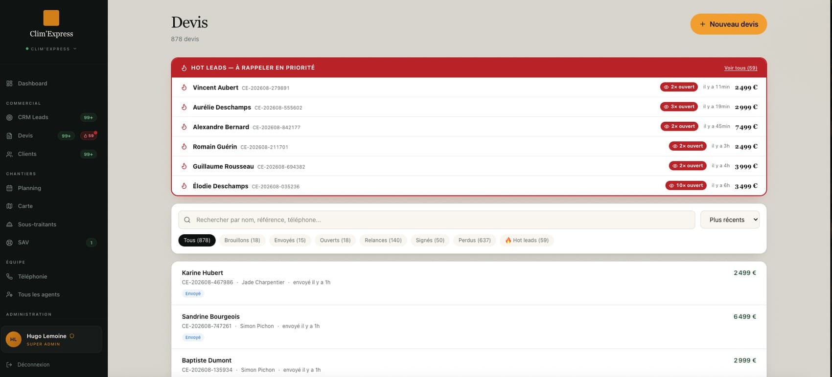 Clim'Express — Les devis chauds remontés en priorité, filtrés par statut