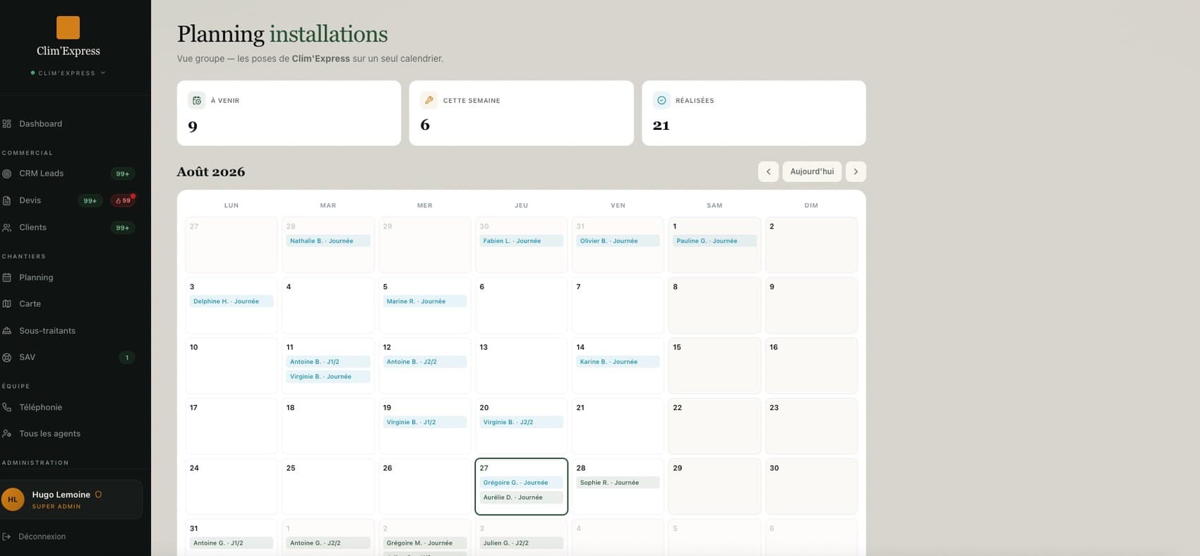 Clim'Express — Planning des poses, vue groupe sur un seul calendrier