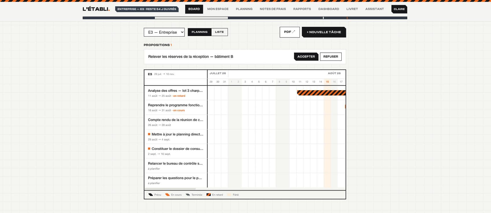 L'Établi — Board de mission : tâches datées sur un diagramme de Gantt, retards signalés, propositions du tuteur à accepter ou refuser